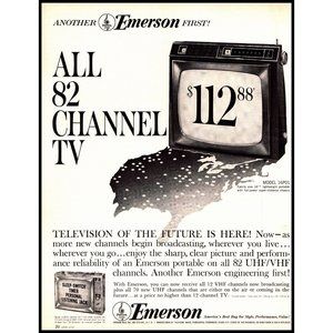 1964 Emerson 16" Television TV Vintage Print Ad 60s Tech VHF UHF Wall Art